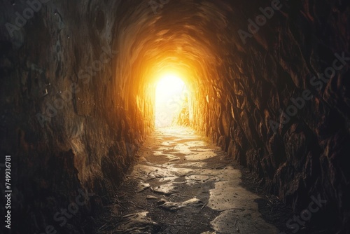 Light at the end of a rocky tunnel, symbolizing hope, discovery, and the journey towards enlightenment 