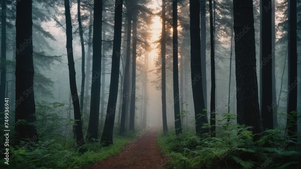 Obraz premium Capture the ethereal beauty of a foggy morning in a misty forest