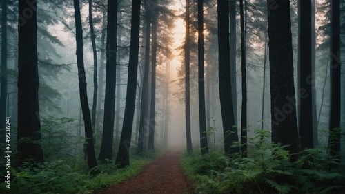 Capture the ethereal beauty of a foggy morning in a misty forest