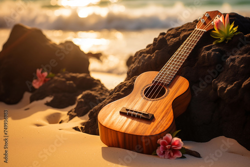 Serene beach sunset with ukulele