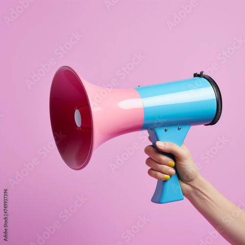holding megaphone on color background  photo