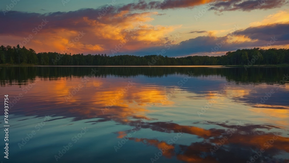 a tranquil sunset over a calm lake with reflections of the sky