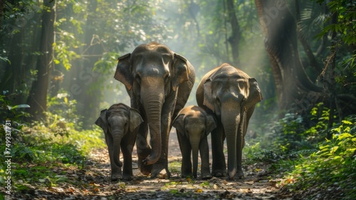 An elephant family strolls together through the forest, enjoying their natural surroundings.