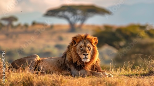 A big lion lies on the grass