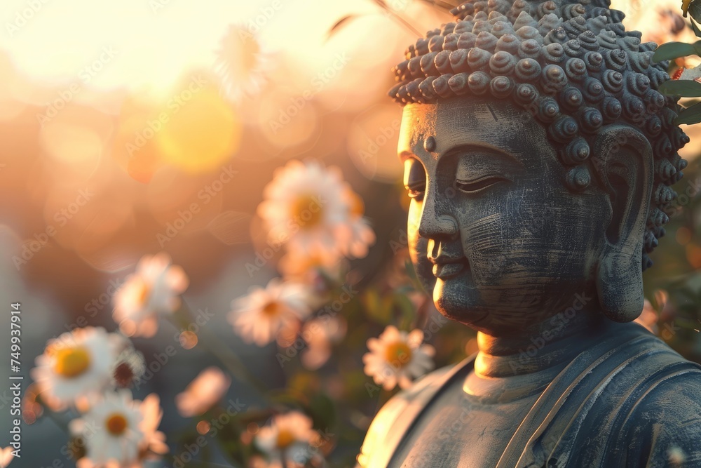 Buddha statue. background blurred flowers and sky with the light of the sun, copy space - generative ai