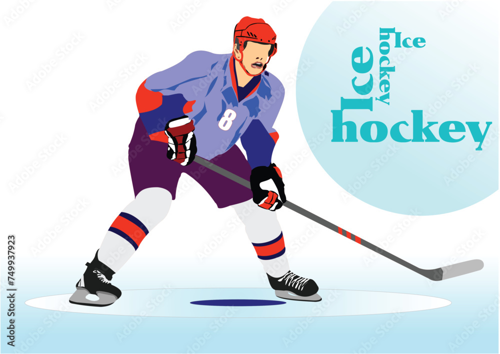 Ice hockey player poster. Colored Vector 3d illustration for designers