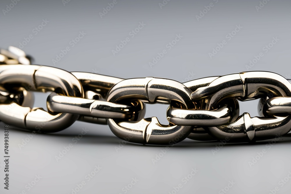 Fototapeta premium Steel chain on grey background with blank space for text writing, closeup image