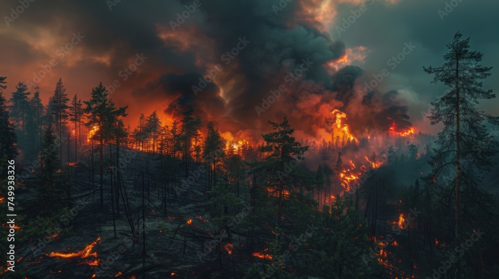 Nature's Fury Unleashed: Raging Wildfire Consumes Forest, Homes at Risk. Communities Face Disaster and Loss