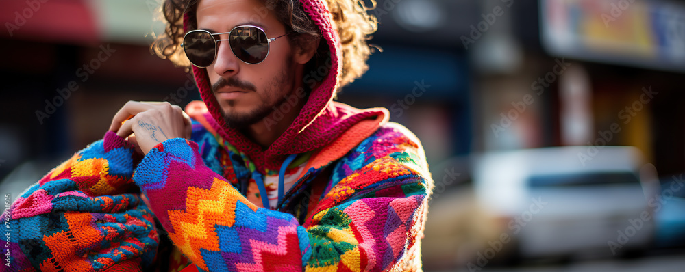 Man in Colorful Coat Walking Down Street