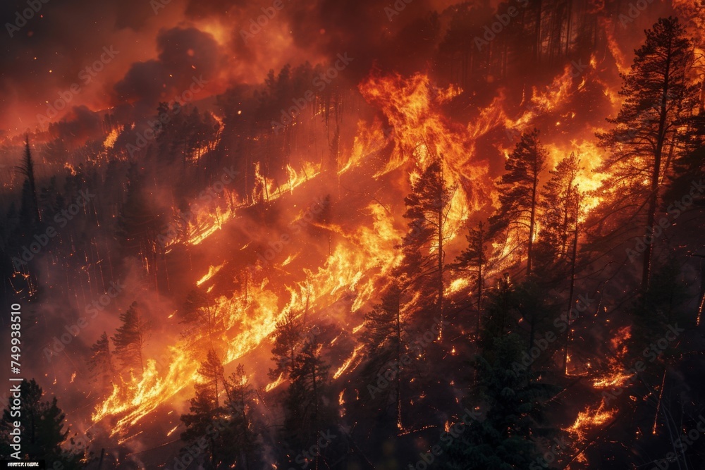 Forest in Peril: Raging Wildfire Consumes Trees, Smoke Chokes the Sky. Environmental Damage and Loss of Habitat
