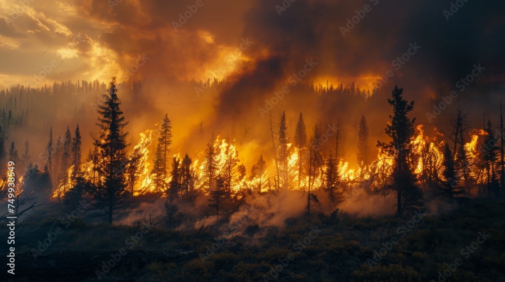 Nature's Fury: Wildfire Blazes Through Forest, Flames Reach for the Sky. A Sobering Reminder of Nature's Power