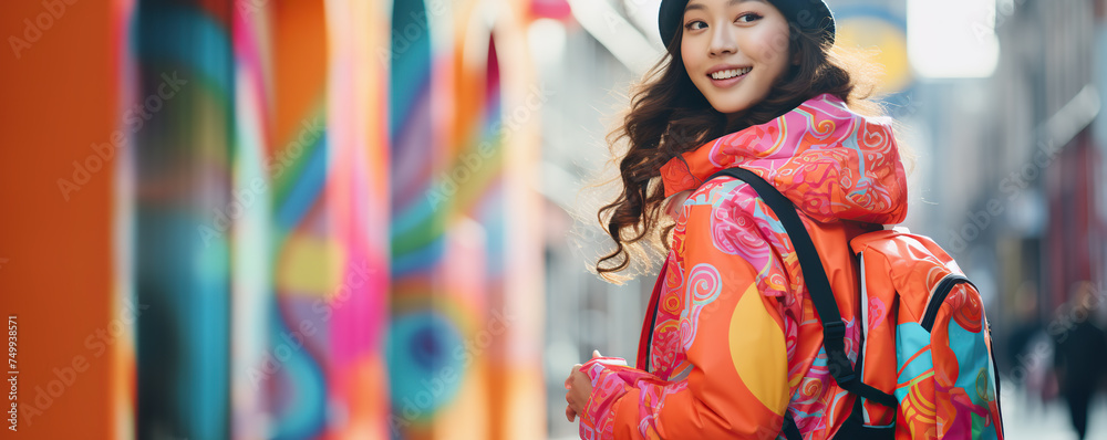 Woman in Colorful Coat Crossing Street