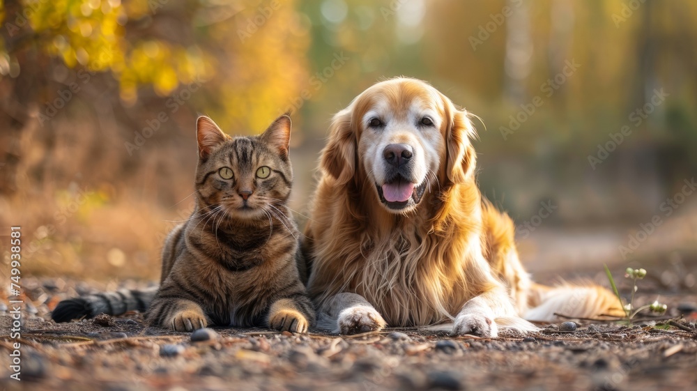 Dogs and cats live side by side peacefully. Shows a harmonious friendship. Dogs and cats live side by side peacefully. Shows a harmonious friendship.