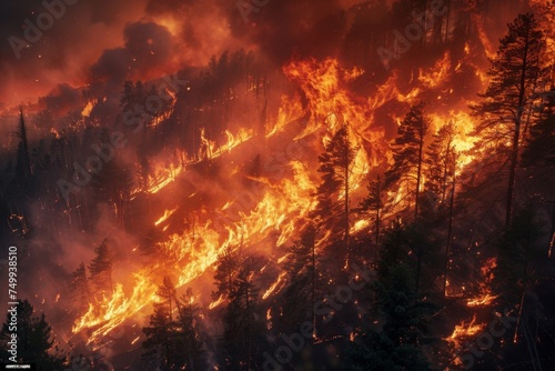 Forest in Peril: Raging Wildfire Consumes Trees, Smoke Chokes the Sky. Environmental Damage and Loss of Habitat