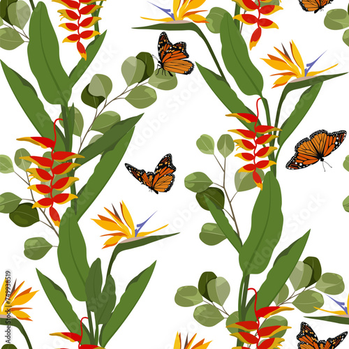 Beautiful seamless vector illustration with tropical plants and butterflies