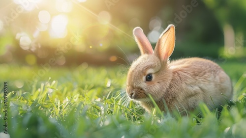 A brown rabbit sits on the grass, enjoying its surroundings.