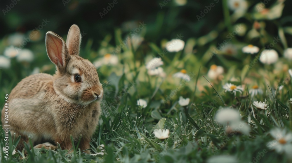 Fototapeta premium A brown rabbit sits on the grass, enjoying its surroundings.