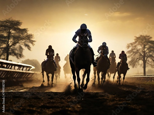 horse racing silhouette  sunset background. scene for poster  web  social media. generative ai