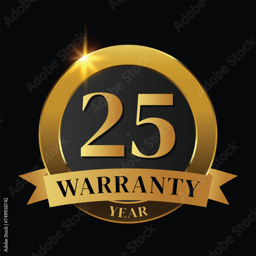 25 year warranty logo with golden shield and golden ribbon.Vector illustration.