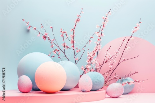 A vibrant display of pastel-colored Easter eggs and cherry blossoms against a dual-tone background