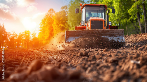 A bulldozer moves earth in a field against the backdrop of a setting sun.