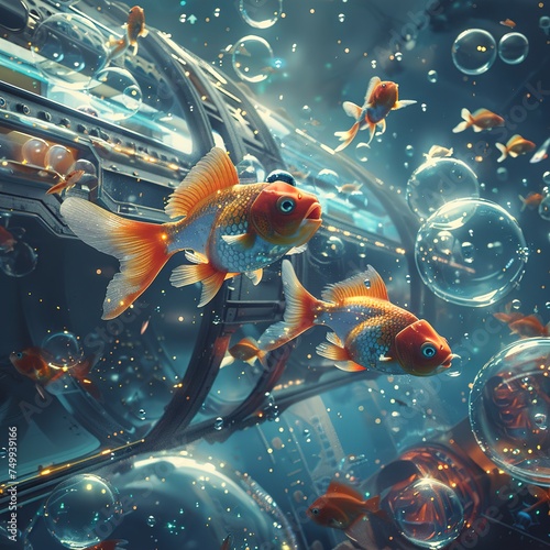 Aquatic Odyssey: Goldfish Astronauts in a Bubbly Spacescape