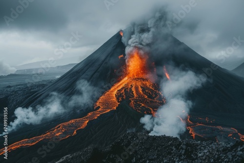 Volcano's Wrath: Molten Lava Flows and Ash Churns the Air. Dramatic Eruption Scene for Travel Warnings, Disaster Preparedness Campaigns, and Nature Photography