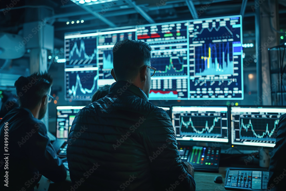 Analyzing charts, traders observe market fluctuations in a crypto trading room, strategizing amid screens and graphs.