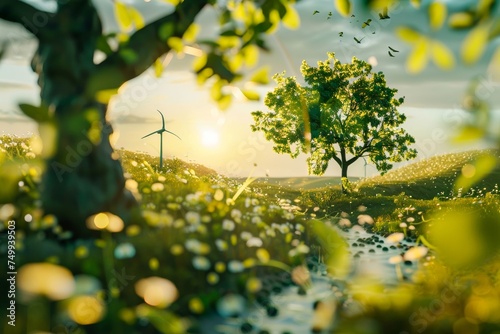 A magical and serene landscape with a tree in full bloom and a distant windmill, evoking peace and sustainability
