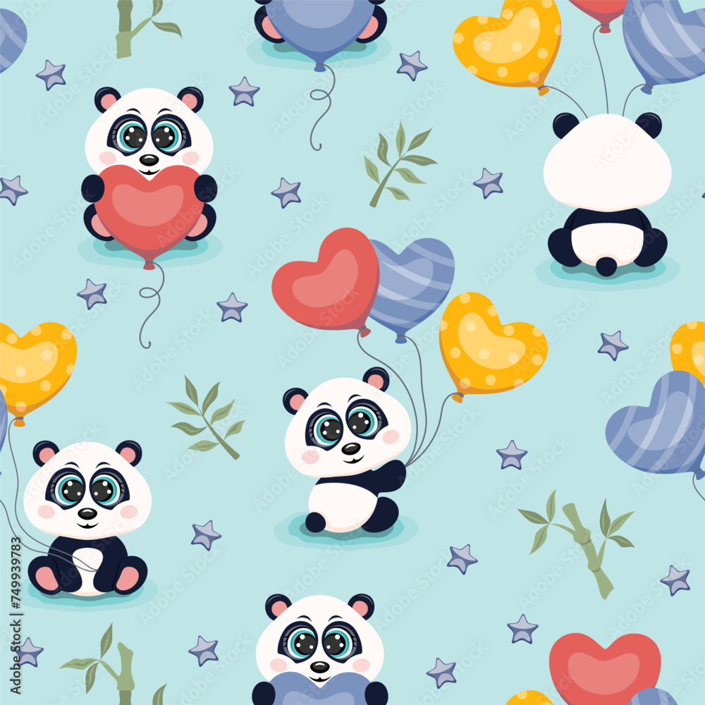 Obraz premium Seamless pattern with cute pandas and colourful balloons. Vector illustration.