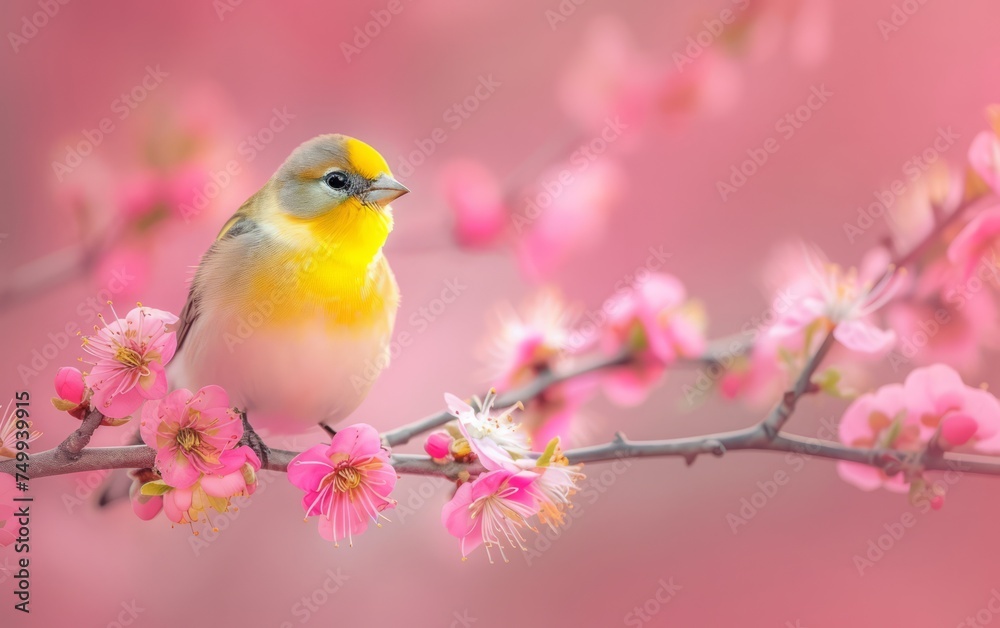 A dainty finch perches on a branch graced with pink blossoms of spring