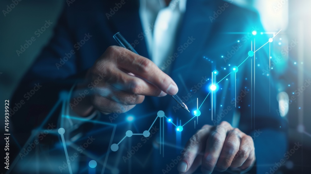 Businessmen draw growth graphs and analyze financial and investment data. It focuses on business planning and strategy. on a blue background