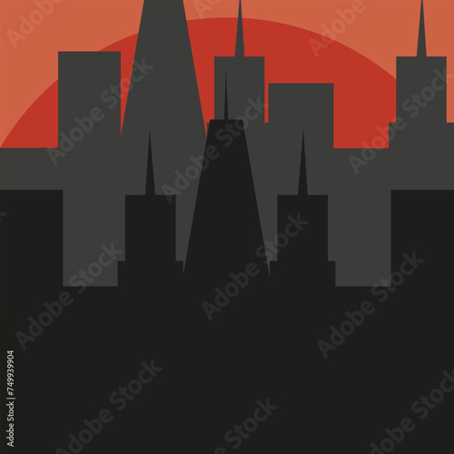 Sunset in the city art. Urban landscape in trendy Minimal Geometrical style. Black megapolis silhouette and sunrise. Vector illustration can used interior design painting postcard web banner. EPS 10