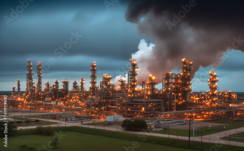 Oil refinery plant. Processing factory. Oil crude and gas refineries. Louisiana petrochemical plant Smoking chimneys. Toxic Smoke, Air Pollution, CO2 Crisis. Carbon dioxide emissions. Carbide plant. photo