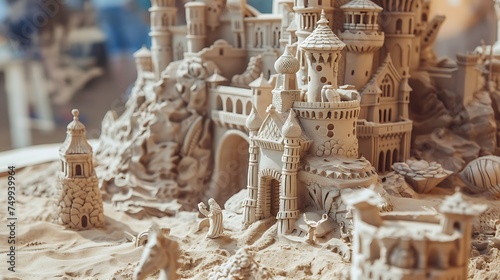 Sandcastle competition with intricate designs and sculptures, with copy space