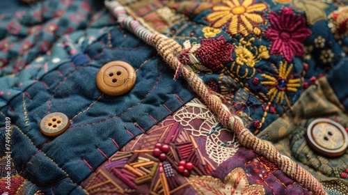 A close-up of a patchwork quilt, showcasing the intricate stitching and diverse fabric patterns, with details like buttons, lace, and embroidery adding texture and depth.