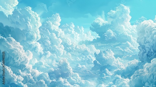 An expansive digital artwork of fluffy clouds filling a sky with shades of light blue presents a serene and dreamlike vista, resembling a peaceful daydream