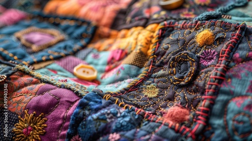 A close-up of a patchwork quilt, showcasing the intricate stitching and diverse fabric patterns, with details like buttons, lace, and embroidery adding texture and depth.