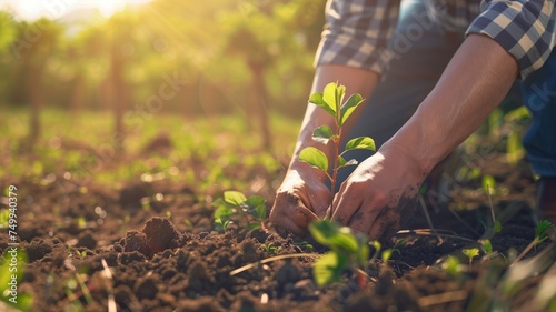 Hands nurturing a young plant in fertile soil under sunlight photo