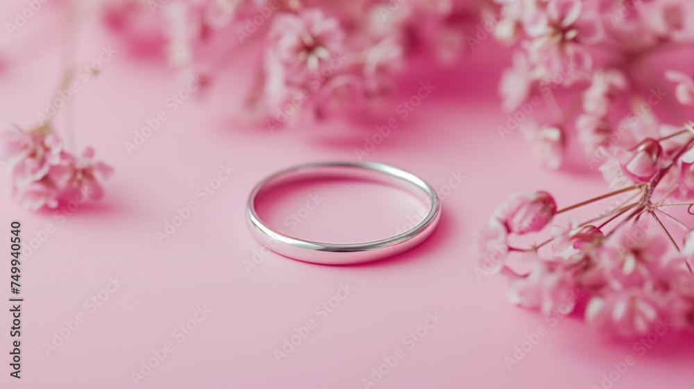 A solitary silver wedding band on a delicate pink floral backdrop A solitary silver wedding band on a delicate pink floral backdrop