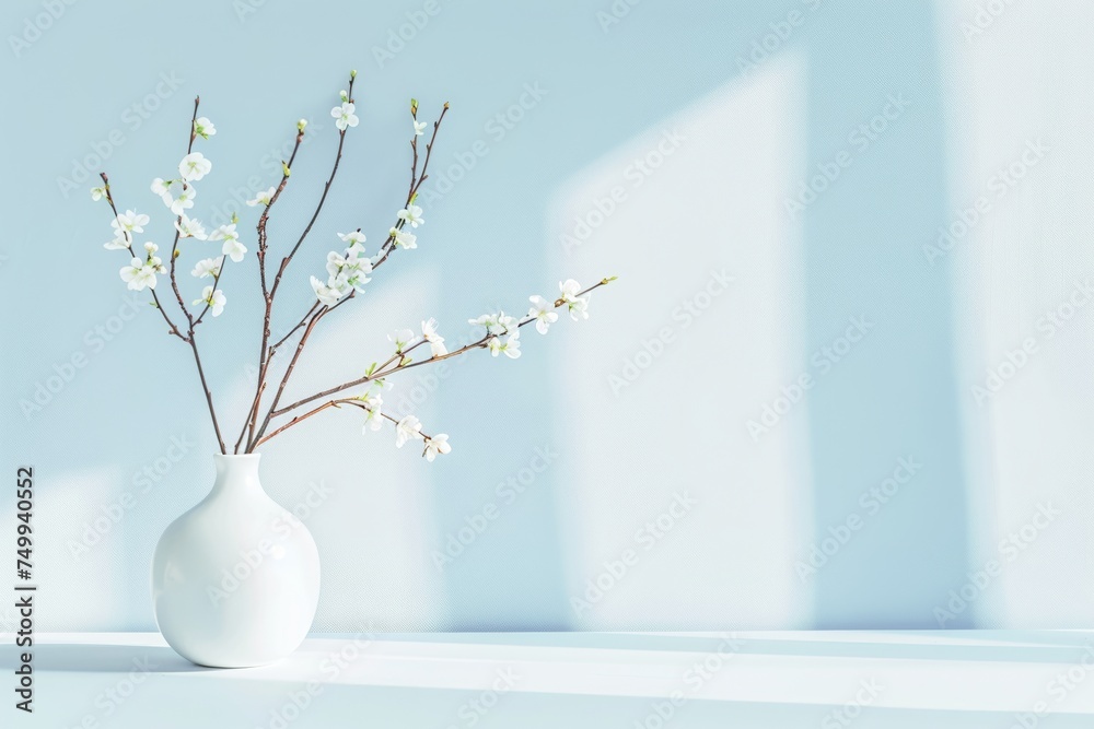 A sleek white vase with sprouting branches set against a blue shaded wall, embodying clear minimalism