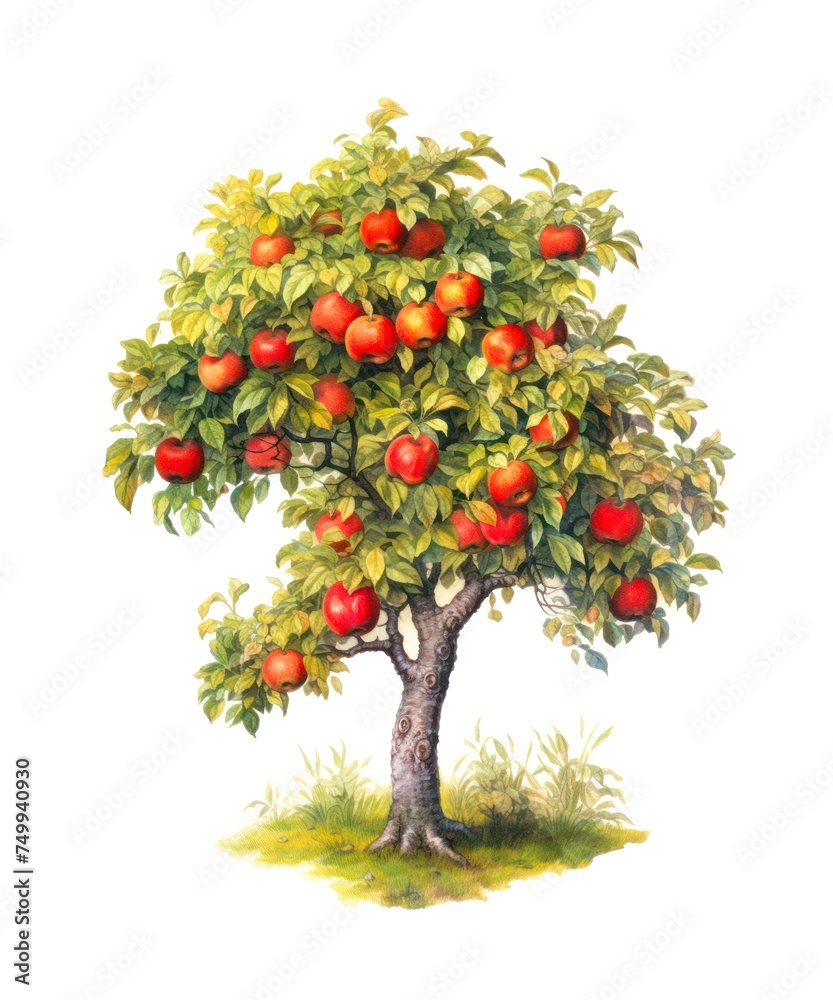 Watercolor illustration of an apple tree isolated on white background.