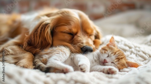 Dog and cat curled up together on the sofa