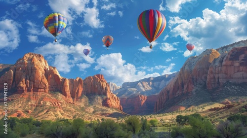 Sunrise Dream: Colorful Hot Air Balloons Soaring Above a Majestic Desert. Unforgettable Travel Experience, Adventure Inspiration, and Stock Photo for Booking Platforms © JovialFox