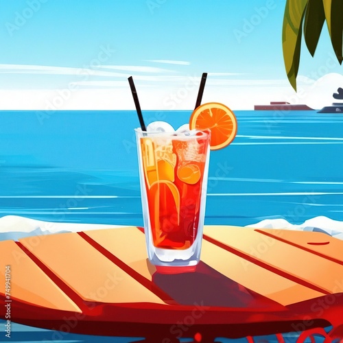cocktail on a cafe table overlooking the sea. summer refreshing drink.
