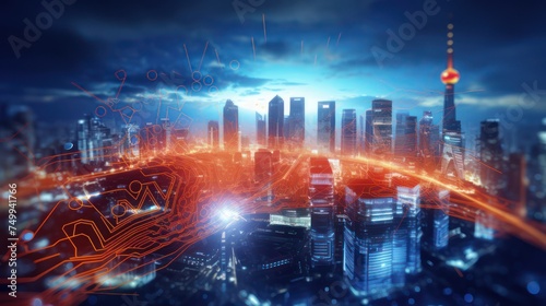 Illustration of smart city and technology light, internet speed with skyscrapers background.