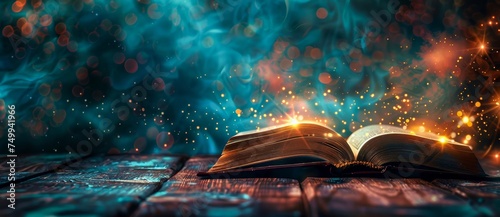 A mysterious open book on a wooden table emitting a magical glow and sparkly particles, resembling an enchanting scene