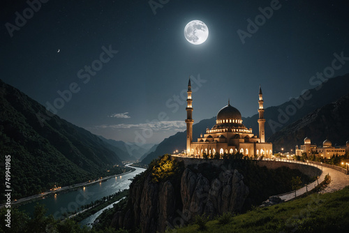 An Islamic mosque on top of the mountain, natural atmosphere, picturesque nature, moon light, river banks, Ramadan atmosphere, photo