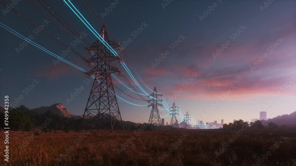 Transmission of electricity to the city. Power Transmission Lines. Energy stream. Power pole wires