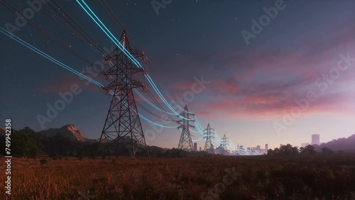 Transmission of electricity to the city. Power Transmission Lines. Energy stream. Power pole wires